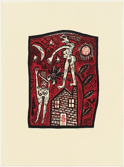 Artist: b'HANRAHAN, Barbara' | Title: b'Women and the moon' | Date: 1989 | Technique: b'linocut, printed in colour and lithograph, printed from two blocks' Artist: b'HANRAHAN, Barbara' | Title: b'Women and the moon' | Date: 1989 | Technique: b'linocut, printed in colour and lithograph, printed from two blocks'