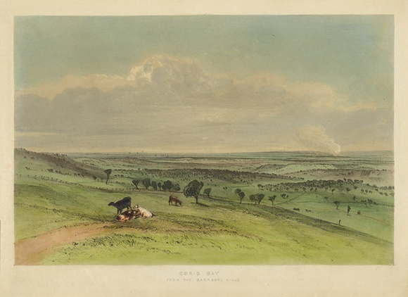 Artist: b'PROUT, John Skinner' | Title: b'Corio Bay from the Barabool Hills.' | Date: 1847 | Technique: b'lithograph, printed in colour, from two stones; additional hand-colouring' Artist: b'PROUT, John Skinner' | Title: b'Corio Bay from the Barabool Hills.' | Date: 1847 | Technique: b'lithograph, printed in colour, from two stones; additional hand-colouring'