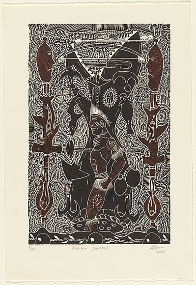 Artist: b'Bosun, David.' | Title: b'Kobu Gerrellal' | Date: 2000 | Technique: b'linocut, printed in black ink, from one block; hand-coloured' Artist: b'Bosun, David.' | Title: b'Kobu Gerrellal' | Date: 2000 | Technique: b'linocut, printed in black ink, from one block; hand-coloured'
