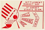 Artist: Stewart, Jeff. | Title: Settlement market day (...stalls, bargains, music, clowns). | Date: 1980 | Technique: screenprint, printed in red ink, from one stencil