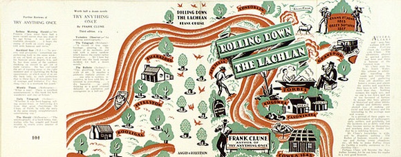 Artist: b'FEINT, Adrian' | Title: b'Book cover: Rolling down the Lachlan.' | Date: 1927-1935 | Copyright: b'Courtesy the Estate of Adrian Feint' Artist: b'FEINT, Adrian' | Title: b'Book cover: Rolling down the Lachlan.' | Date: 1927-1935 | Copyright: b'Courtesy the Estate of Adrian Feint'