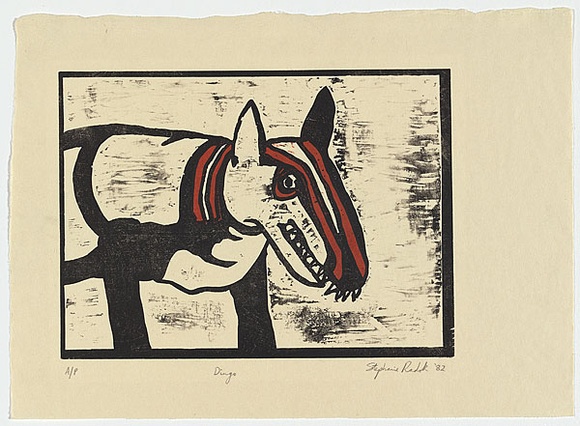 Artist: b'Radok, Stephanie.' | Title: b'Dingo' | Date: 1982 | Technique: b'woodcut, printed in colour, from multiple blocks' | Copyright: b'\xc2\xa9 Stephanie Radok' Artist: b'Radok, Stephanie.' | Title: b'Dingo' | Date: 1982 | Technique: b'woodcut, printed in colour, from multiple blocks' | Copyright: b'\xc2\xa9 Stephanie Radok'