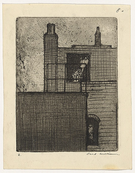 Artist: b'WILLIAMS, Fred' | Title: b'The workrooms' | Date: 1954-66 | Technique: b'etching, aquatint, rough biting, engraving, drypoint, printed in black ink, from one zinc plate' | Copyright: b'\xc2\xa9 Fred Williams Estate' Artist: b'WILLIAMS, Fred' | Title: b'The workrooms' | Date: 1954-66 | Technique: b'etching, aquatint, rough biting, engraving, drypoint, printed in black ink, from one zinc plate' | Copyright: b'\xc2\xa9 Fred Williams Estate'