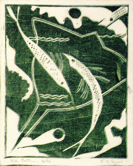 Artist: b'Syme, Eveline' | Title: b'Fish pattern' | Date: 1958 | Technique: b'linocut, printed in colour, from one block (emerald and dark blue)'