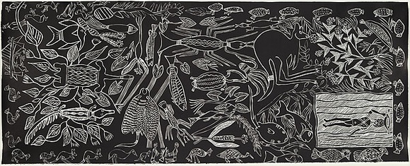 Artist: b'MUNUNGGURR, Mundul' | Title: b'Yirritja Ga Dhuwa Ngatha' | Date: 1999 | Technique: b'linocut, printed in black ink, from one block' Artist: b'MUNUNGGURR, Mundul' | Title: b'Yirritja Ga Dhuwa Ngatha' | Date: 1999 | Technique: b'linocut, printed in black ink, from one block'
