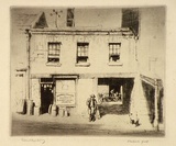Artist: LINDSAY, Lionel | Title: The Tinsmith's shop, King Street, Sydney | Date: 1921 | Technique: etching, printed in black ink with plate-tone, from one plate | Copyright: Courtesy of the National Library of Australia