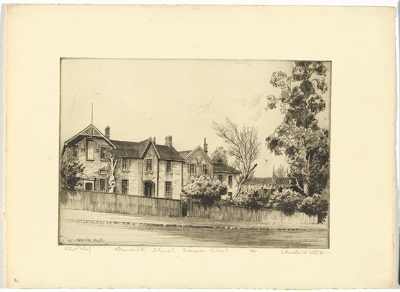 Artist: b'PLATT, Austin' | Title: b'Launceston Church Grammar School' | Date: 1937 | Technique: b'etching, printed in black ink, from one plate' Artist: b'PLATT, Austin' | Title: b'Launceston Church Grammar School' | Date: 1937 | Technique: b'etching, printed in black ink, from one plate'