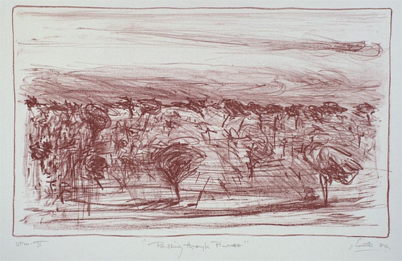 Artist: b'Trenfield, Wells.' | Title: b'Passing through Pinarroo' | Date: 1985 | Technique: b'lithograph, printed in deep red ink, from one stone' Artist: b'Trenfield, Wells.' | Title: b'Passing through Pinarroo' | Date: 1985 | Technique: b'lithograph, printed in deep red ink, from one stone'