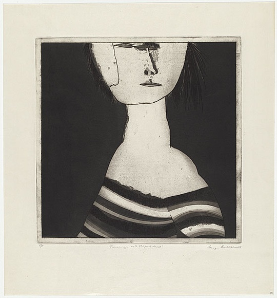 Artist: b'BALDESSIN, George' | Title: b'Personage with striped dress.' | Date: 1969 | Technique: b'etching and aquatint, printed in black ink, from one plate' Artist: b'BALDESSIN, George' | Title: b'Personage with striped dress.' | Date: 1969 | Technique: b'etching and aquatint, printed in black ink, from one plate'