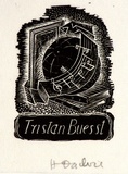 Artist: b'OGILVIE, Helen' | Title: b'not titled [Musical notation on scroll, globe of the world and books].' | Date: c.1944 | Technique: b'wood-engraving, printed in black ink, from one block'