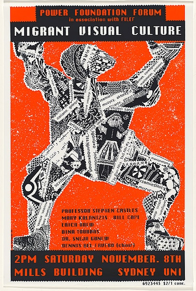 Artist: b'Debenham, Pam.' | Title: b'Migrant Visual Culture.' | Date: 1986 | Technique: b'screenprint, printed in colour, from two stencils in orange and black ink'