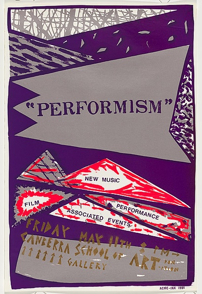 Artist: b'Acme Ink.' | Title: b'Performism. new music film performance associated events' | Date: 1984 | Technique: b'screenprint, printed in colour, from four stencils in purple, pink, silver and gold inks' Artist: b'Acme Ink.' | Title: b'Performism. new music film performance associated events' | Date: 1984 | Technique: b'screenprint, printed in colour, from four stencils in purple, pink, silver and gold inks'
