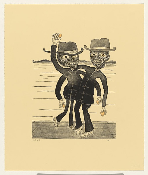 Artist: b'Hay, Bill.' | Title: b'Nocturn egg throwers' | Date: 1992, April - May | Technique: b'lithograph, printed in black ink, from one stone; handcoloured' Artist: b'Hay, Bill.' | Title: b'Nocturn egg throwers' | Date: 1992, April - May | Technique: b'lithograph, printed in black ink, from one stone; handcoloured'