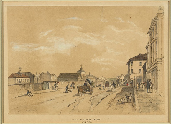 Artist: b'PROUT, John Skinner' | Title: b'View in George Street, Sydney, looking North' | Date: 1842 | Technique: b'lithograph, printed in black ink, from stone with hand-colouring' Artist: b'PROUT, John Skinner' | Title: b'View in George Street, Sydney, looking North' | Date: 1842 | Technique: b'lithograph, printed in black ink, from stone with hand-colouring'