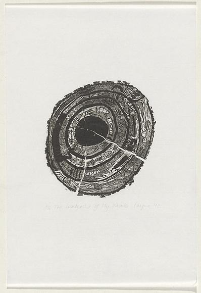 Artist: b'Payne, Patsy.' | Title: b'The contents of my world' | Date: 1992 | Technique: b'wood-engraving, printed in black ink, from one block' Artist: b'Payne, Patsy.' | Title: b'The contents of my world' | Date: 1992 | Technique: b'wood-engraving, printed in black ink, from one block'