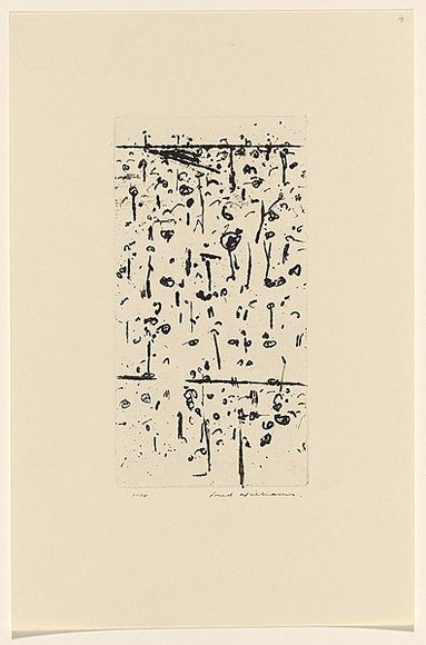 Artist: b'WILLIAMS, Fred' | Title: b'Decorative panel, You Yangs. Number 1' | Date: 1965-66 | Technique: b'etching, drypoint, flat biting and mezzotint, printed in black ink, from one copper plate; counterproof' | Copyright: b'\xc2\xa9 Fred Williams Estate' Artist: b'WILLIAMS, Fred' | Title: b'Decorative panel, You Yangs. Number 1' | Date: 1965-66 | Technique: b'etching, drypoint, flat biting and mezzotint, printed in black ink, from one copper plate; counterproof' | Copyright: b'\xc2\xa9 Fred Williams Estate'