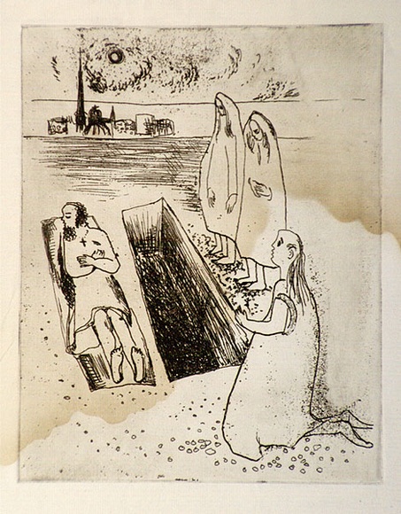 Artist: b'Barwell, Jennifer.' | Title: b'(The death of Lazarus).' | Date: (1955) | Technique: b'softground etching and aquatint printed in brown ink from one plate' Artist: b'Barwell, Jennifer.' | Title: b'(The death of Lazarus).' | Date: (1955) | Technique: b'softground etching and aquatint printed in brown ink from one plate'