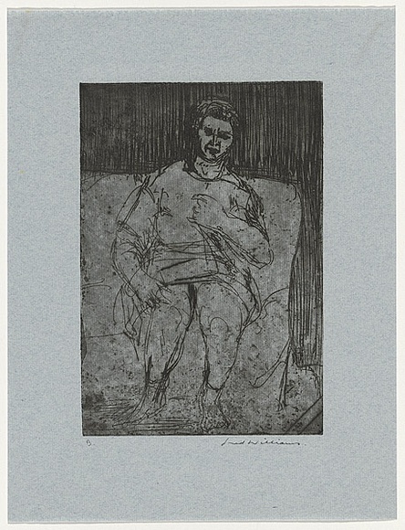 Artist: b'WILLIAMS, Fred' | Title: b'Woman sitting on a couch' | Date: 1954-55 | Technique: b'etching, aquatint, drypoint and flat biting, printed in black ink, from one copper plate' | Copyright: b'\xc2\xa9 Fred Williams Estate' Artist: b'WILLIAMS, Fred' | Title: b'Woman sitting on a couch' | Date: 1954-55 | Technique: b'etching, aquatint, drypoint and flat biting, printed in black ink, from one copper plate' | Copyright: b'\xc2\xa9 Fred Williams Estate'