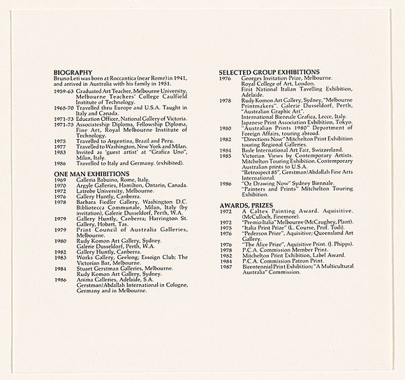 Title: CV part 1 in Bruno Leti: Landscapes, memories and fantasies | Date: 1987 | Technique: offset-lithograph, printed in black ink, from one plate Title: CV part 1 in Bruno Leti: Landscapes, memories and fantasies | Date: 1987 | Technique: offset-lithograph, printed in black ink, from one plate
