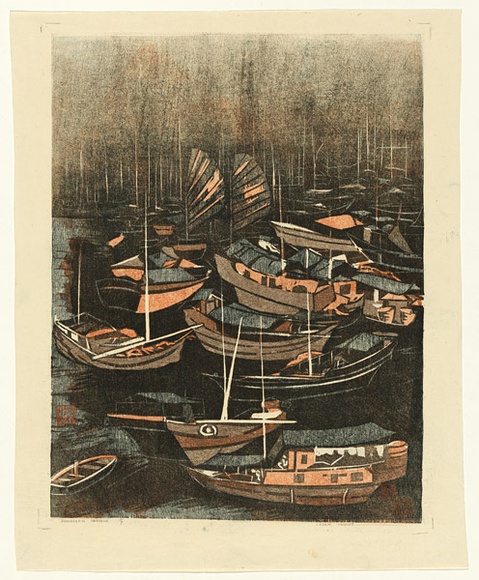 Artist: b'Thorpe, Lesbia.' | Title: b'Aberdeen Harbour' | Date: 1979 | Technique: b'woodcut, printed in colour, from four blocks' Artist: b'Thorpe, Lesbia.' | Title: b'Aberdeen Harbour' | Date: 1979 | Technique: b'woodcut, printed in colour, from four blocks'