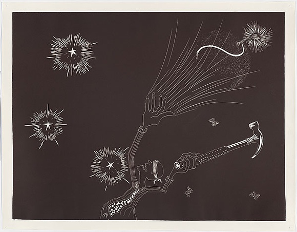 Artist: b'COLEING, Tony' | Title: b'Battlefield (man in blindfold with hammer).' | Date: 1986 | Technique: b'linocut, printed in black ink, from one block' Artist: b'COLEING, Tony' | Title: b'Battlefield (man in blindfold with hammer).' | Date: 1986 | Technique: b'linocut, printed in black ink, from one block'