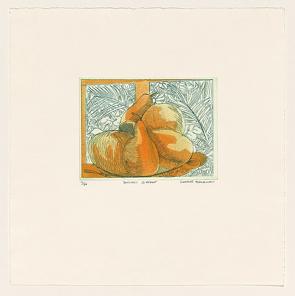 Artist: b'Blackman, Charles.' | Title: b'Avocado garden.' | Date: (1977) | Technique: b'etching and aquatint, printed in colour, from multiple plates' Artist: b'Blackman, Charles.' | Title: b'Avocado garden.' | Date: (1977) | Technique: b'etching and aquatint, printed in colour, from multiple plates'