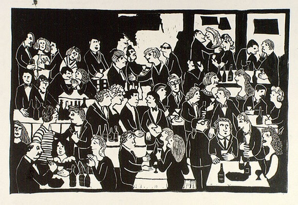 Artist: b'Allen, Joyce.' | Title: b'(Diners).' | Date: (1991) | Technique: b'linocut, printed in black ink, from one block' Artist: b'Allen, Joyce.' | Title: b'(Diners).' | Date: (1991) | Technique: b'linocut, printed in black ink, from one block'