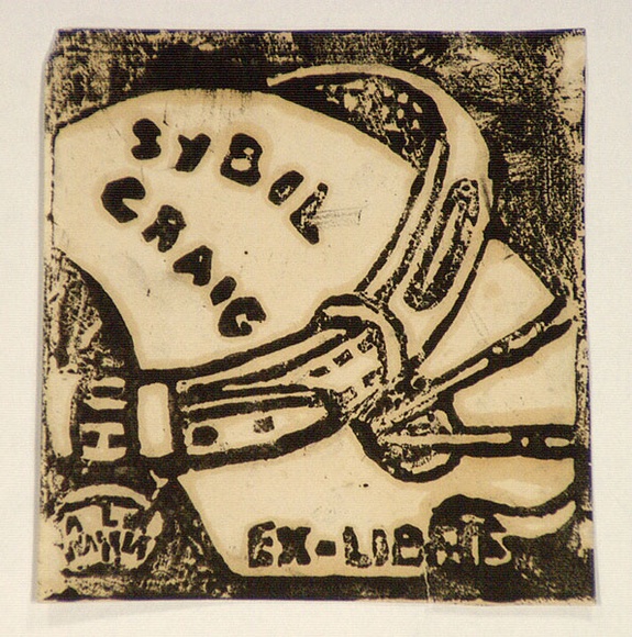 Artist: b'Craig, Sybil.' | Title: b'Bookplate: Sybil Craig (tail wagger).' | Technique: b'linocut, printed in black ink, from one block' Artist: b'Craig, Sybil.' | Title: b'Bookplate: Sybil Craig (tail wagger).' | Technique: b'linocut, printed in black ink, from one block'