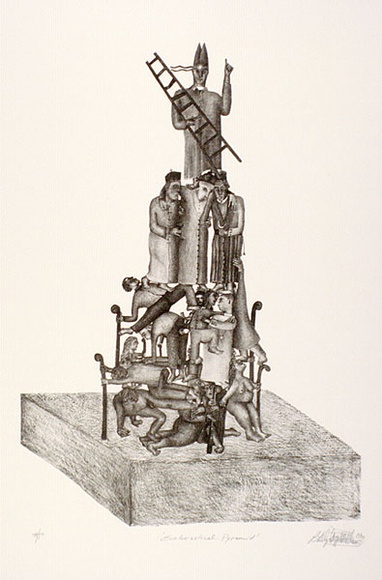 Artist: b'Doggett-Williams, Phillip.' | Title: b'Ecclesiastical pyramid.' | Date: 1990 | Technique: b'lithograph, printed in brown/black ink, from one stone'
