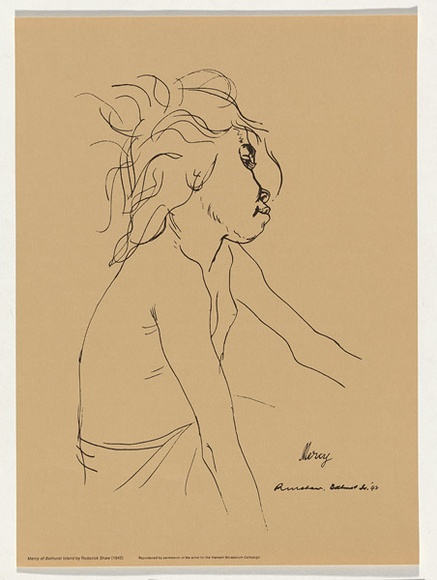 Artist: b'Whiteley, Brett.' | Title: b'Mercy of Bathurst Island' | Date: 1970 | Technique: b'offset-lithograph, printed in black ink, from one plate' | Copyright: b'This work appears on the screen courtesy of the estate of Brett Whiteley' Artist: b'Whiteley, Brett.' | Title: b'Mercy of Bathurst Island' | Date: 1970 | Technique: b'offset-lithograph, printed in black ink, from one plate' | Copyright: b'This work appears on the screen courtesy of the estate of Brett Whiteley'