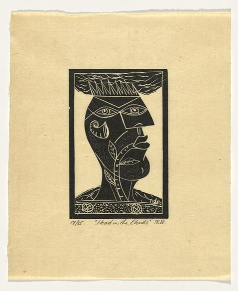 Artist: b'KONING, Theo' | Title: b'Head in the clouds.' | Date: 1988 | Technique: b'linocut, printed in black ink, from one block' | Copyright: b'\xc2\xa9 Theo Koning' Artist: b'KONING, Theo' | Title: b'Head in the clouds.' | Date: 1988 | Technique: b'linocut, printed in black ink, from one block' | Copyright: b'\xc2\xa9 Theo Koning'
