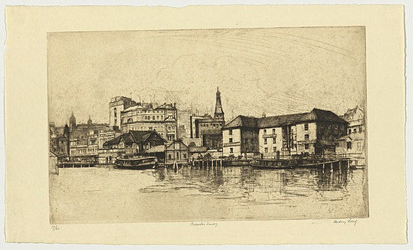 Artist: b'Long, Sydney.' | Title: b'Circular Quay, Sydney' | Date: 1926 | Technique: b'line-etching and drypoint, printed in warm black ink with plate-tone, from one copper plate' | Copyright: b'Reproduced with the kind permission of the Ophthalmic Research Institute of Australia' Artist: b'Long, Sydney.' | Title: b'Circular Quay, Sydney' | Date: 1926 | Technique: b'line-etching and drypoint, printed in warm black ink with plate-tone, from one copper plate' | Copyright: b'Reproduced with the kind permission of the Ophthalmic Research Institute of Australia'
