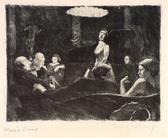 Artist: b'Scharf, Theo.' | Title: b'Music lovers' | Date: c.1922 | Technique: b'etching and drypoint, printed in black ink in, from one plate' | Copyright: b'\xc2\xa9 The Estate of Theo Scharf.' Artist: b'Scharf, Theo.' | Title: b'Music lovers' | Date: c.1922 | Technique: b'etching and drypoint, printed in black ink in, from one plate' | Copyright: b'\xc2\xa9 The Estate of Theo Scharf.'