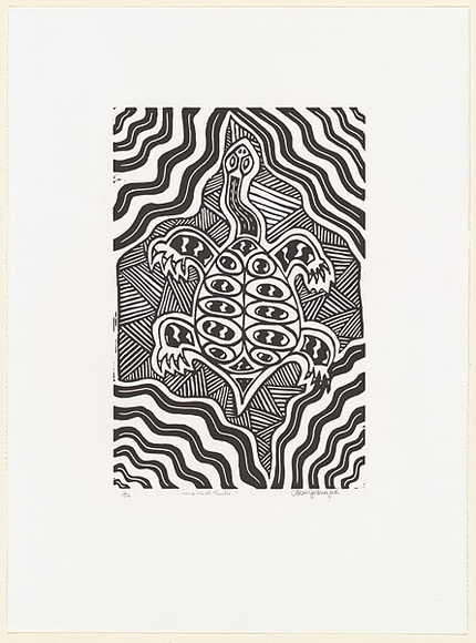 Artist: b'Joshua, Alan.' | Title: b'Long neck turtle' | Date: c.2001 | Technique: b'linocut, printed in black ink, from one block' Artist: b'Joshua, Alan.' | Title: b'Long neck turtle' | Date: c.2001 | Technique: b'linocut, printed in black ink, from one block'