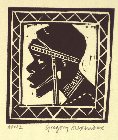 Artist: b'Alexander, Gregory.' | Title: b'Masai head' | Date: 1995, September | Technique: b'linocut, printed in black ink, from one block' Artist: b'Alexander, Gregory.' | Title: b'Masai head' | Date: 1995, September | Technique: b'linocut, printed in black ink, from one block'
