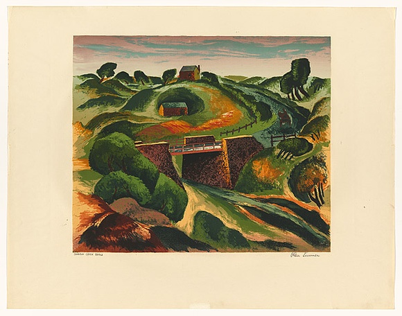Artist: b'Sumner, Alan.' | Title: b'Darebin Creek bridge' | Date: c.1947 | Technique: b'screenprint, printed in colour, from 15 stencils' Artist: b'Sumner, Alan.' | Title: b'Darebin Creek bridge' | Date: c.1947 | Technique: b'screenprint, printed in colour, from 15 stencils'