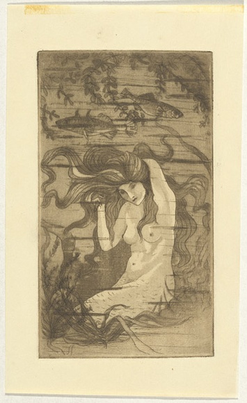 Artist: b'Bullock, Myra.' | Title: b'Mermaid.' | Date: c.1930 | Technique: b'etching and aquatint, printed in brown ink with plate-tone, from one plate' Artist: b'Bullock, Myra.' | Title: b'Mermaid.' | Date: c.1930 | Technique: b'etching and aquatint, printed in brown ink with plate-tone, from one plate'