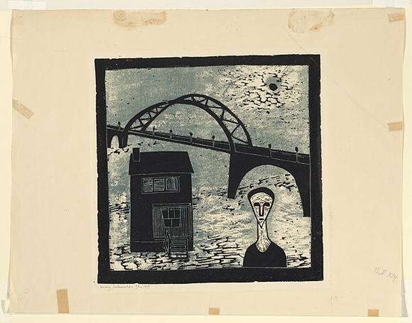 Artist: b'Salkauskas, Henry.' | Title: b'House near the Bridge' | Date: 1957 | Technique: b'linocut, printed in colour, from two blocks' | Copyright: b'\xc2\xa9 Eva Kubbos' Artist: b'Salkauskas, Henry.' | Title: b'House near the Bridge' | Date: 1957 | Technique: b'linocut, printed in colour, from two blocks' | Copyright: b'\xc2\xa9 Eva Kubbos'