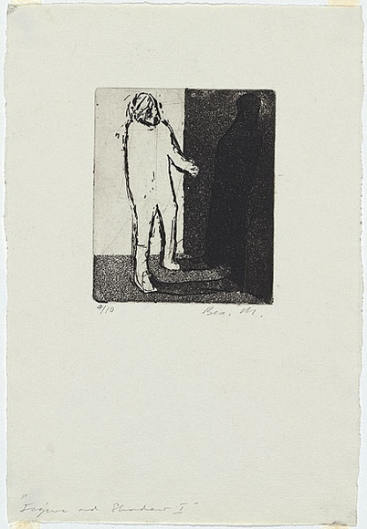 Artist: b'MADDOCK, Bea' | Title: b'Figure and shadow I' | Date: October 1965 | Technique: b'line-etching and aquatint, printed in black ink with plate-tone, from one copper plate' Artist: b'MADDOCK, Bea' | Title: b'Figure and shadow I' | Date: October 1965 | Technique: b'line-etching and aquatint, printed in black ink with plate-tone, from one copper plate'
