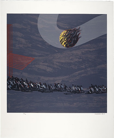 Artist: b'Daws, Lawrence.' | Title: b'Cage and running figures.' | Date: 1973 | Technique: b'etching, printed in black ink, from one plate' | Copyright: b'\xc2\xa9 Lawrence Daws' Artist: b'Daws, Lawrence.' | Title: b'Cage and running figures.' | Date: 1973 | Technique: b'etching, printed in black ink, from one plate' | Copyright: b'\xc2\xa9 Lawrence Daws'
