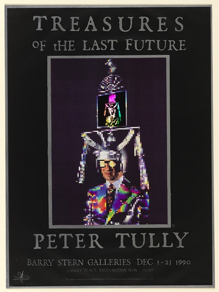 Artist: b'McDiarmid, David.' | Title: b'Exhibition poster: Treasures of the last future' | Date: 1990 | Technique: b'screenprint, offset-lithograph, hologram (holographic diffraction grating - colours w/o image) collage' | Copyright: b'Courtesy of copyright owner, Merlene Gibson (sister)' Artist: b'McDiarmid, David.' | Title: b'Exhibition poster: Treasures of the last future' | Date: 1990 | Technique: b'screenprint, offset-lithograph, hologram (holographic diffraction grating - colours w/o image) collage' | Copyright: b'Courtesy of copyright owner, Merlene Gibson (sister)'