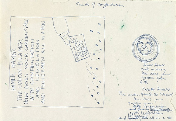 Artist: b'Dickie, Peter.' | Title: b'Hamer Hamer the union blamer how does your garden grow with confrontation and legislation and policemen all in a row. (Poste.' | Date: (1977) | Technique: b'blue ballpoint pen' Artist: b'Dickie, Peter.' | Title: b'Hamer Hamer the union blamer how does your garden grow with confrontation and legislation and policemen all in a row. (Poste.' | Date: (1977) | Technique: b'blue ballpoint pen'