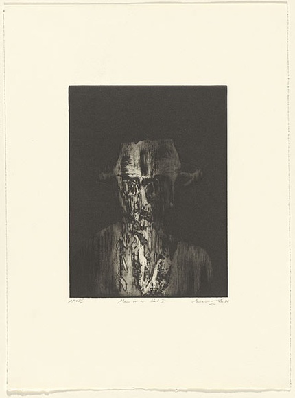 Artist: b'Lee, Graeme.' | Title: b'Man in hat V' | Date: 1996, March | Technique: b'etching, printed in black ink with plate-tone, from one plate' Artist: b'Lee, Graeme.' | Title: b'Man in hat V' | Date: 1996, March | Technique: b'etching, printed in black ink with plate-tone, from one plate'