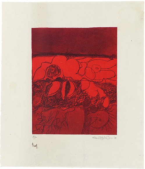 Artist: b'Hodgkinson, Frank.' | Title: b'not titled' | Date: 1971 | Technique: b'etching and oil viscosity process printed in red and purple inks from multiple plates' Artist: b'Hodgkinson, Frank.' | Title: b'not titled' | Date: 1971 | Technique: b'etching and oil viscosity process printed in red and purple inks from multiple plates'