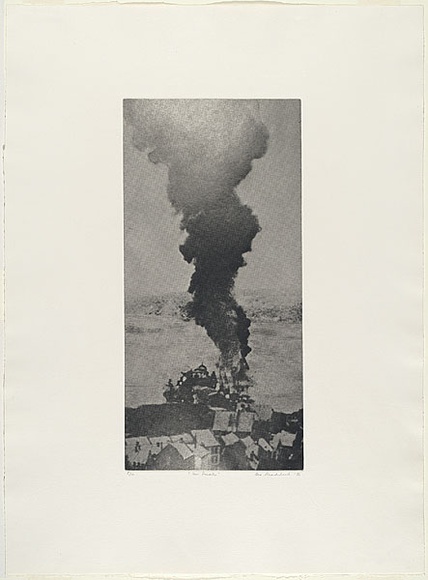 Artist: b'MADDOCK, Bea' | Title: b'War smoke' | Date: 1976 | Technique: b'photo-etching,aquatint and stipple, printed in black ink, from one plate' Artist: b'MADDOCK, Bea' | Title: b'War smoke' | Date: 1976 | Technique: b'photo-etching,aquatint and stipple, printed in black ink, from one plate'