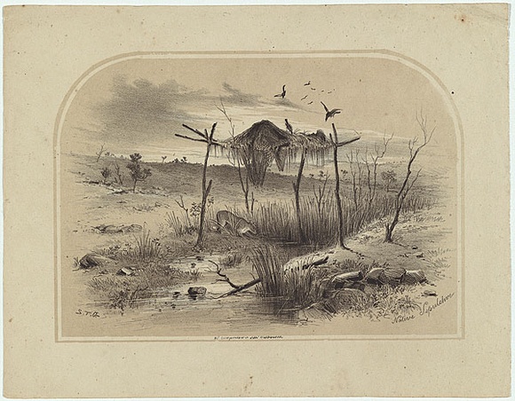 Artist: b'GILL, S.T.' | Title: b'Native sepulchure.' | Date: c.1854 | Technique: b'lithograph, printed in colour, from two stones (black and buff)' Artist: b'GILL, S.T.' | Title: b'Native sepulchure.' | Date: c.1854 | Technique: b'lithograph, printed in colour, from two stones (black and buff)'