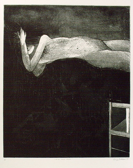 Artist: b'BALDESSIN, George' | Title: b'MM and Chair.' | Date: 1977 | Technique: b'etching and aquatint, printed in black ink, from one plate; stencil, printed in green ink, from three stencils' Artist: b'BALDESSIN, George' | Title: b'MM and Chair.' | Date: 1977 | Technique: b'etching and aquatint, printed in black ink, from one plate; stencil, printed in green ink, from three stencils'