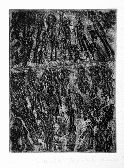 Artist: b'Shearer, Mitzi.' | Title: b'To market - to market' | Date: 1986-92 | Technique: b'etching, printed in black ink, from one  plate'