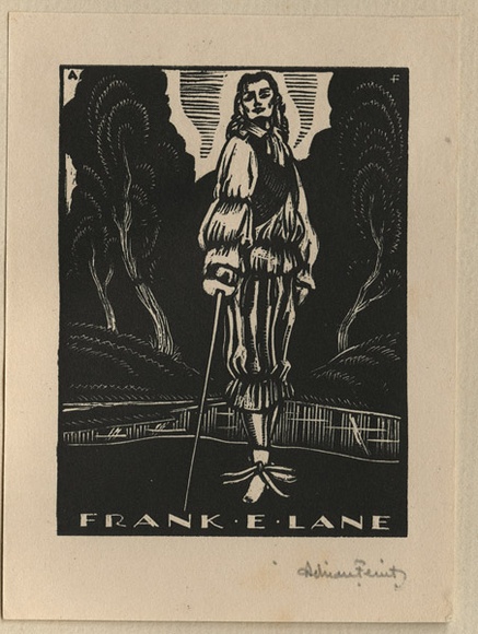 Artist: b'FEINT, Adrian' | Title: b'Bookplate: Frank E. Lane.' | Date: (1933) | Technique: b'wood-engraving, printed in black ink, from one block' | Copyright: b'Courtesy the Estate of Adrian Feint' Artist: b'FEINT, Adrian' | Title: b'Bookplate: Frank E. Lane.' | Date: (1933) | Technique: b'wood-engraving, printed in black ink, from one block' | Copyright: b'Courtesy the Estate of Adrian Feint'