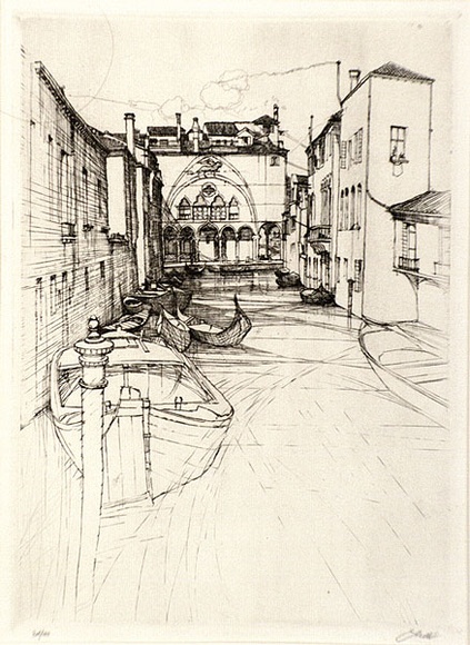 Artist: b'Scott, Eric.' | Title: b'Rio del Mingarello - Venice' | Date: c.1935 | Technique: b'etching, printed in black ink, from one plate' Artist: b'Scott, Eric.' | Title: b'Rio del Mingarello - Venice' | Date: c.1935 | Technique: b'etching, printed in black ink, from one plate'